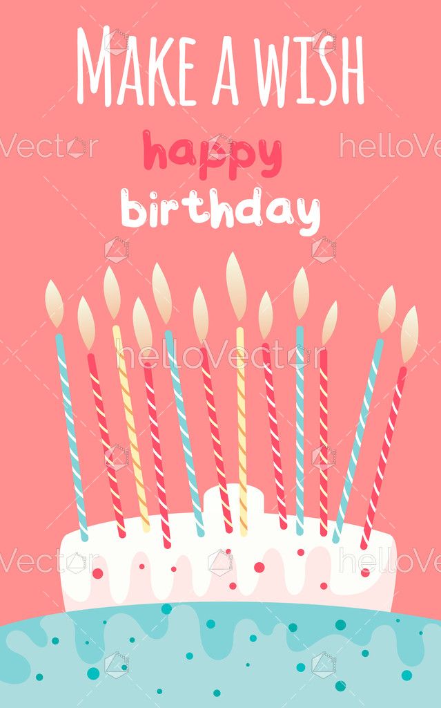 Birthday card with cake, candles and typography - Vector Illustration ...