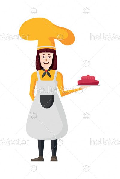 Female chef vector illustration. Woman cook in apron standing with cake