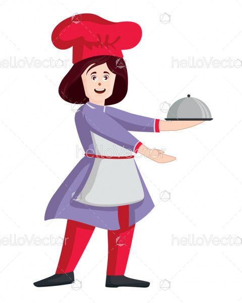 Female chef vector. Woman cook in apron standing with tray illustration.