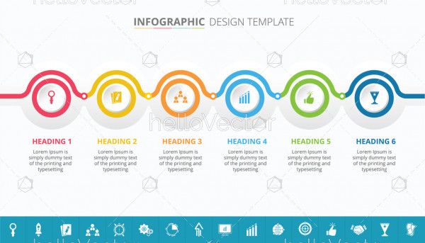 Business process infographic template design with 6 steps and 16 extra icons - Vector Illustration