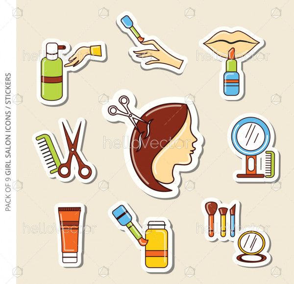Salon icons/stickers set of girls with shadow in trendy flat style.