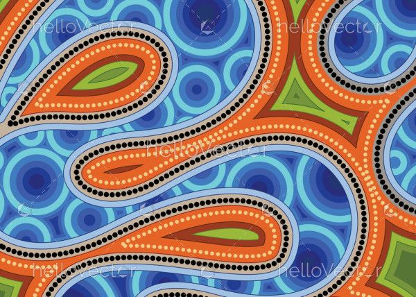 Aboriginal dot art vector painting with river.