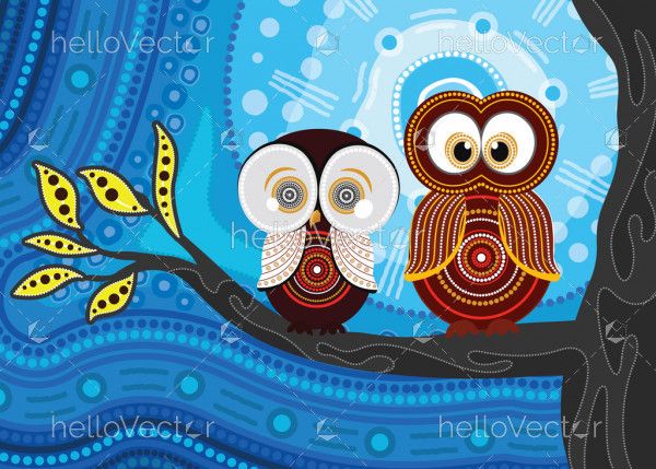 Aboriginal dot art vector painting with owls