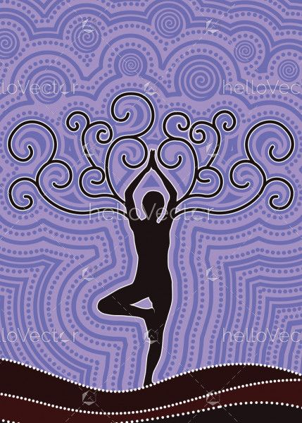 Illustration based on aboriginal style of dot background. Fitness and meditation concept