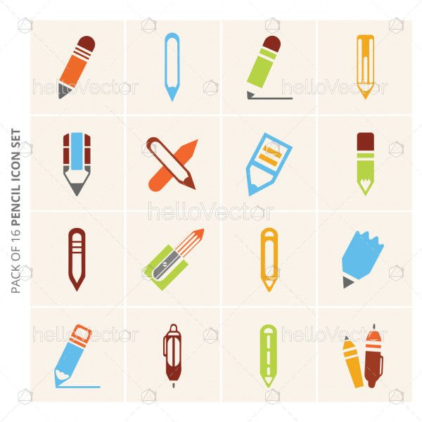 Set of 16 different vector pencil colored icons