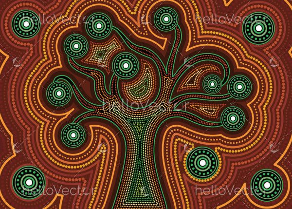 Aboriginal dot art vector background with tree.