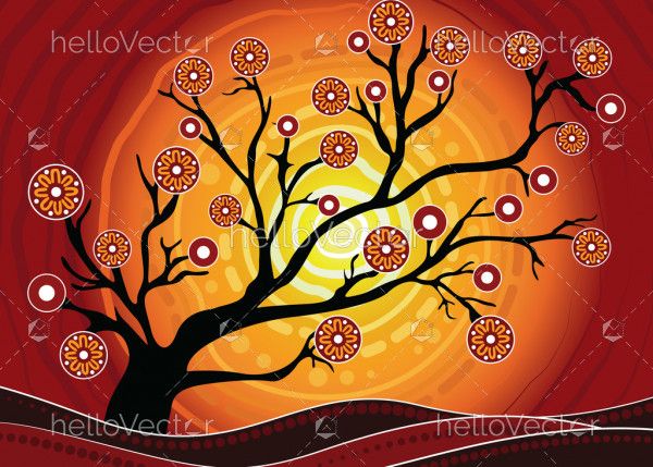 Tree on the hill, An illustration based on aboriginal style of background depicting nature.