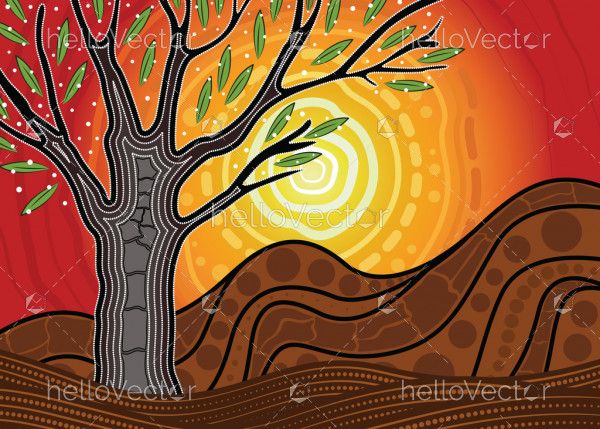 Tree on the hill, An illustration based on aboriginal style of painting depicting nature.