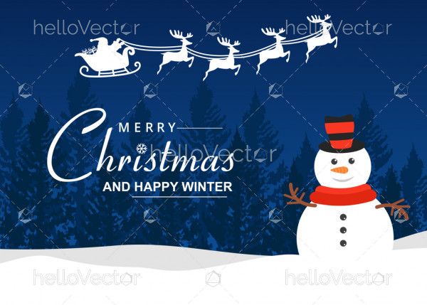 Flat Christmas vector background with snowman and Santa Claus ridding sledge
