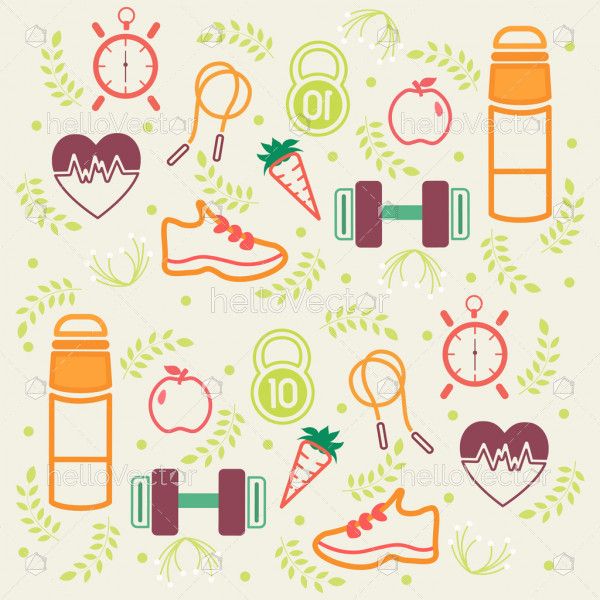 Fitness and diet pattern background with healthy lifestyle icons