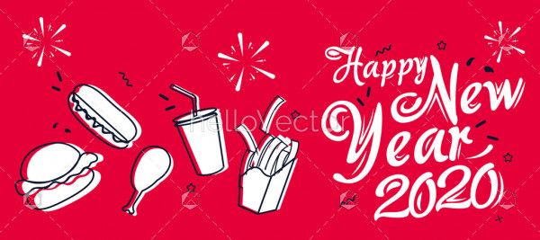 Happy new year 2020 vector background with food icons