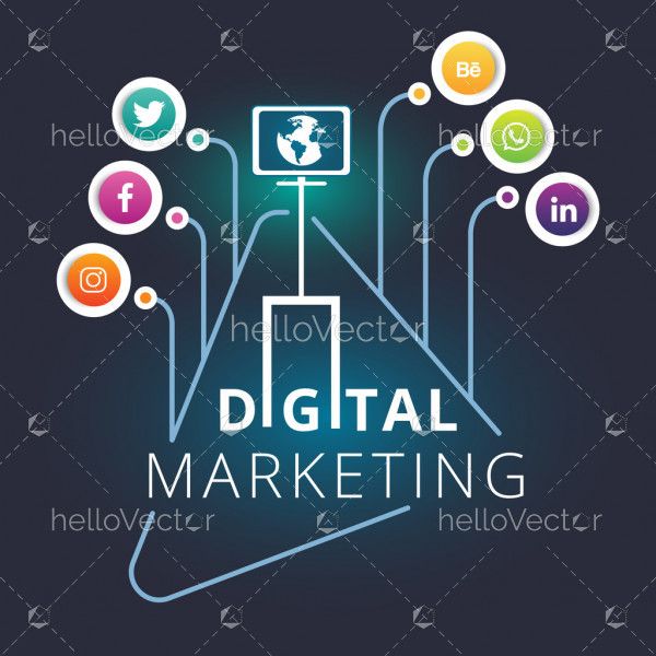 Digital marketing graphic with colorful social media icons - Vector illustration