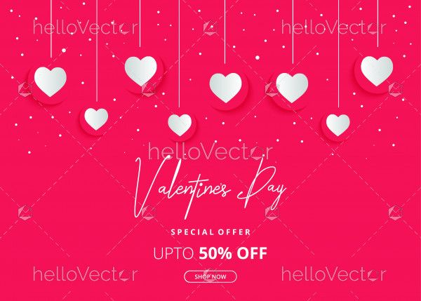 Valentine's day sale banner background with hanging hearts and discount offer