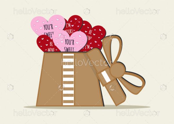Heart shape Greeting cards in a gift box, Valentine's greeting card design - Vector Illustration