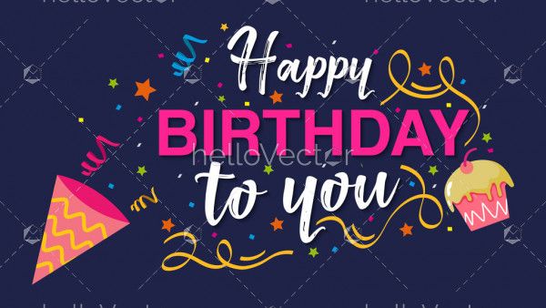 Birthday celebration party banner with cake, confetti and typography - Vector Illustration