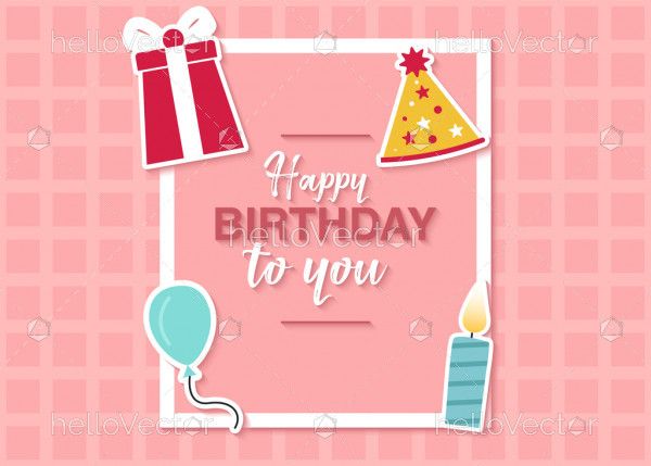 Birthday greeting card design with balloon, gift box, candle and more - Vector Illustration