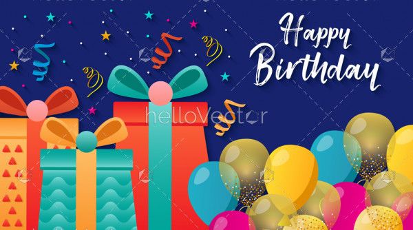 Birthday celebration party banner with balloons, confetti and gifts - Vector Illustration