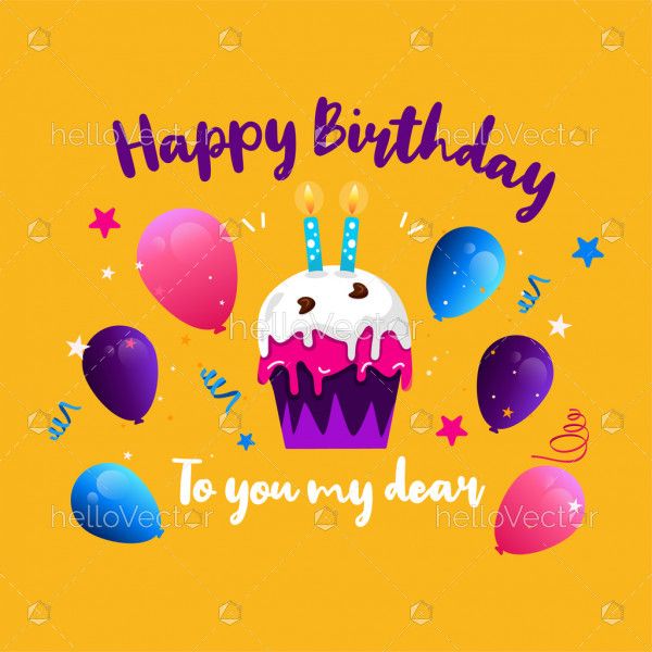 Birthday background with colorful balloons, cake and more - Vector Illustration