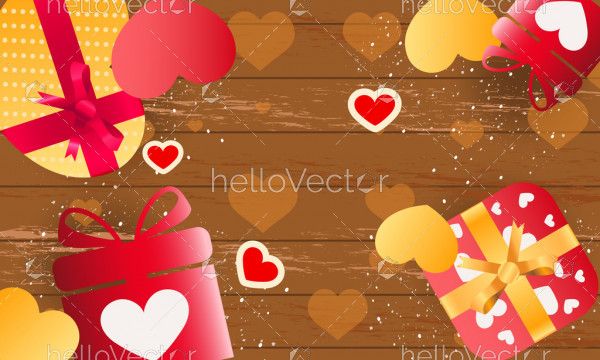 Love wooden background with hearts and gifts - Vector Illustration