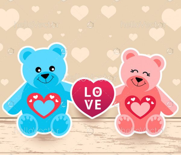 Cute teddy bears in love, Valentine background - Vector Illustration