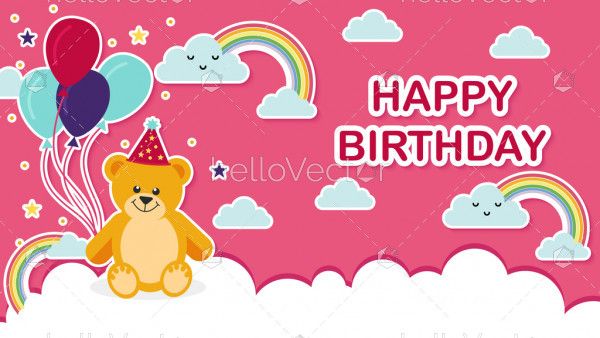 Birthday banner with cute teddy bear and balloons - Vector Illustration