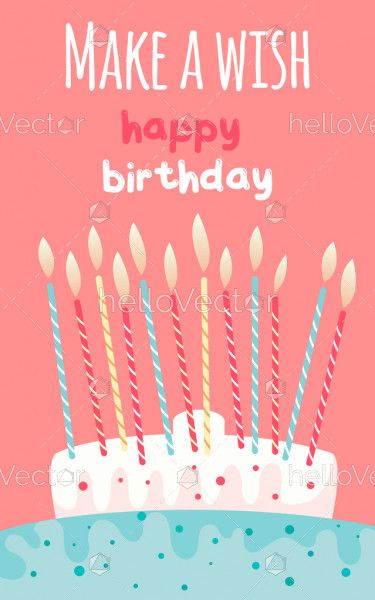 Birthday card with cake, candles and typography - Vector Illustration