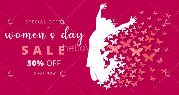 Happy women's day sale banner with woman silhouette - Vector Illustration