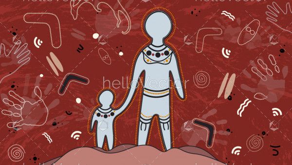 Aboriginal art vector painting - father and son concept