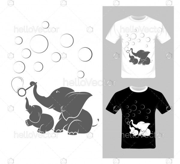 T-shirt graphic design. Elephant with bubbles vector illustration.