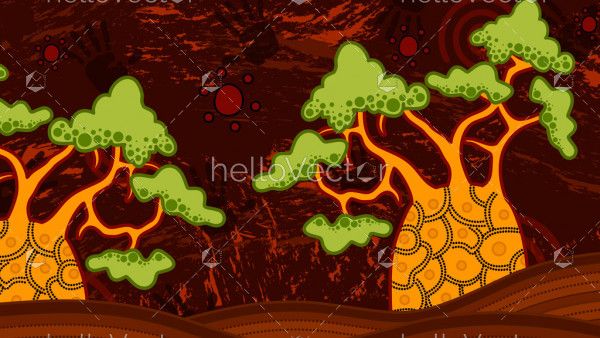 Tree on the hill, Aboriginal art vector painting depicting nature