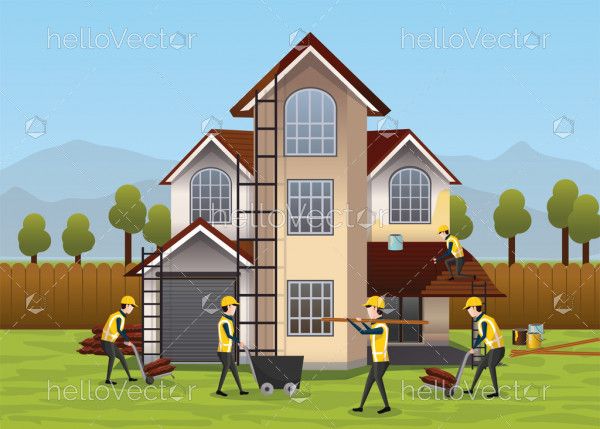 Building, house construction design & concept. People working on house development - Vector Illustration