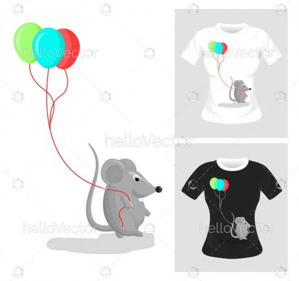 T-shirt graphic design. Rat with balloon vector illustration