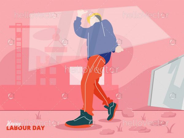 Labour day illustration with construction worker cartoon