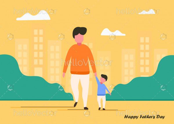 Father walking with his little son illustration. Happy fathers day background.