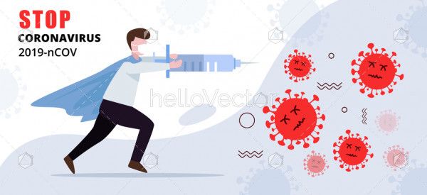 Person fighting with virus, Coronavirus cure concept illustration