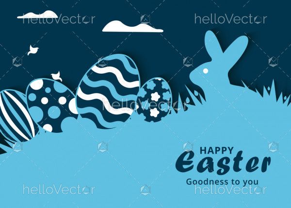 Easter eggs and rabbit on grass flat background