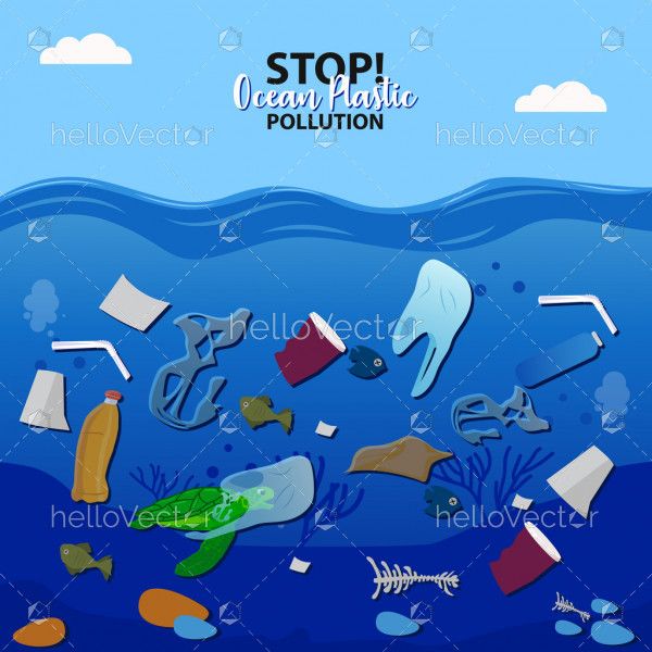 Ocean pollution with plastic waste - Vector illustration