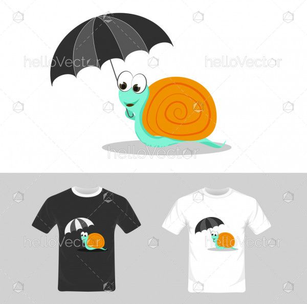 T-shirt graphic design. Cute snall with umbrella - vector illustration