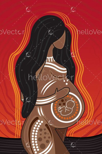 Aboriginal dot art vector painting with pregnant women, Mother and child love concept