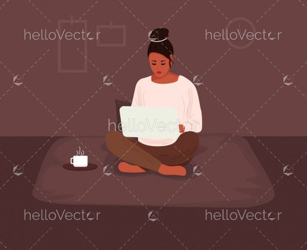 Woman working on laptop at her house - Vector illustration
