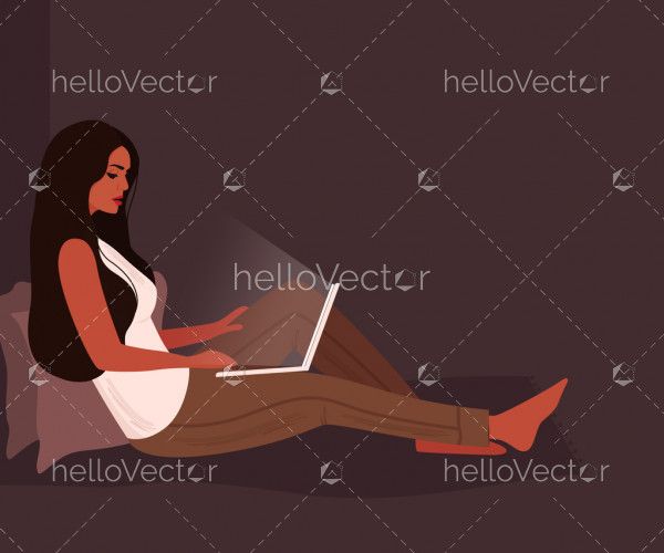 Woman working on laptop at her house - Vector illustration