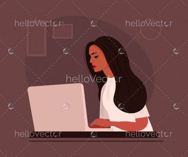Girl working at home office illustration