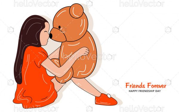 Little girl kissing her teddy bear. Happy friendship day concept illustration