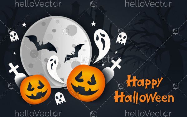 Scary dark Halloween vector poster with spooky objects