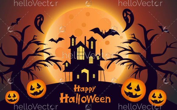 Halloween scary night background with witch castle and evil pumpkins