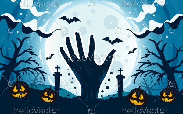 Scary zombie hand background with dark graveyard