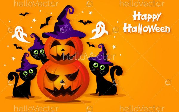 Evil pumpkins and black cats. Halloween vector illustration