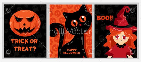 Pumpkin, halloween cat and witch illustration set
