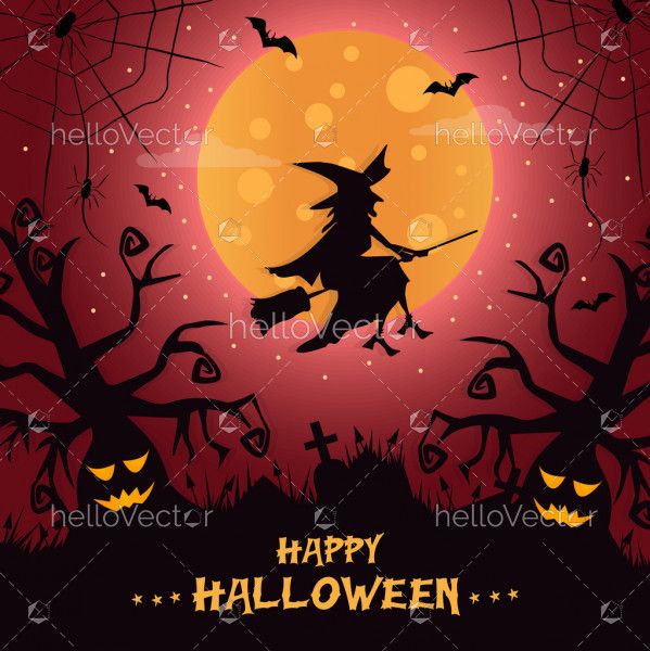 Witch flying on broomstick. Halloween illustration