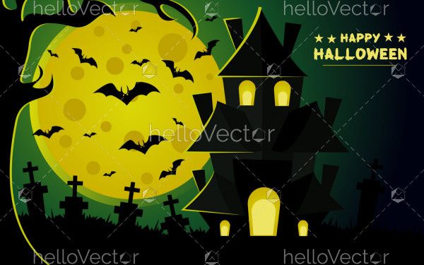 Halloween vector scary night background with witch castle